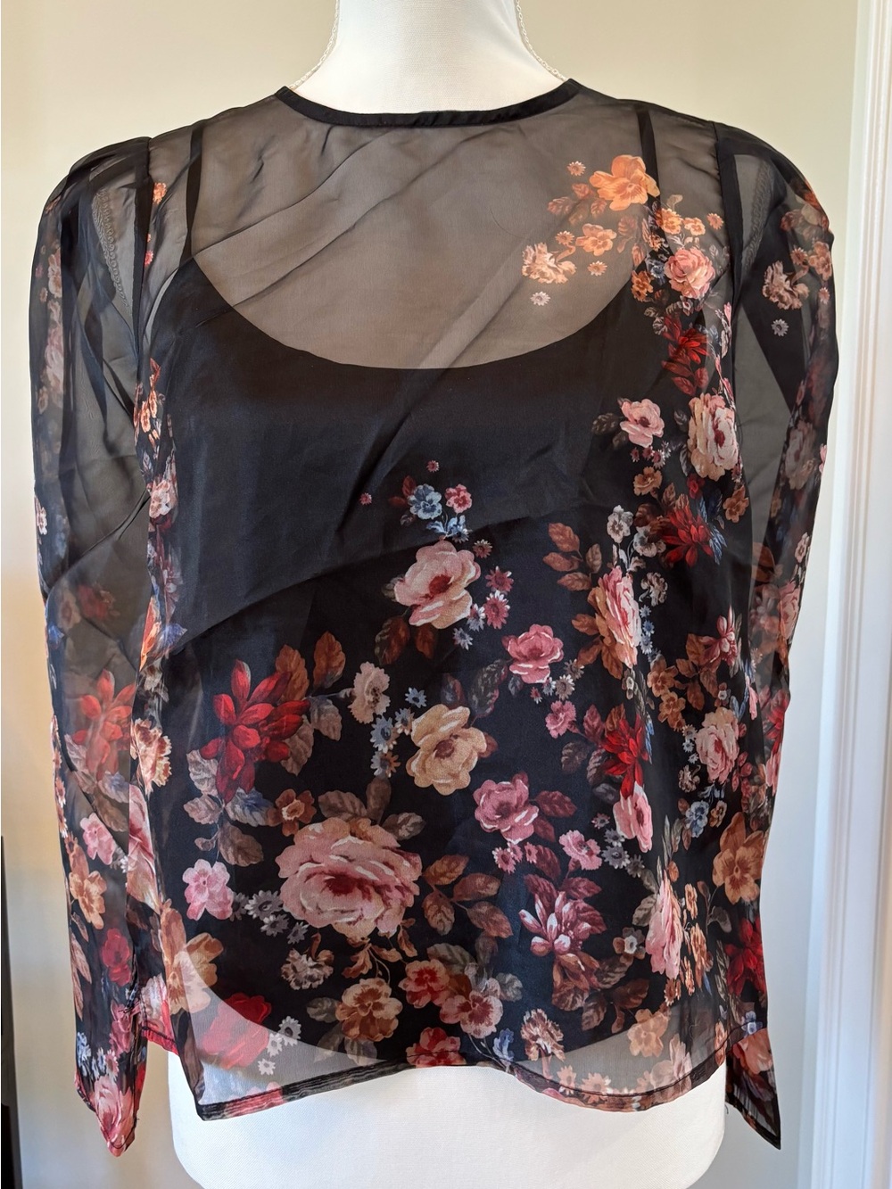 Ted Baker Black Sheer Floral Blouse, Size Small, Wedding, Garden Party, Feminine